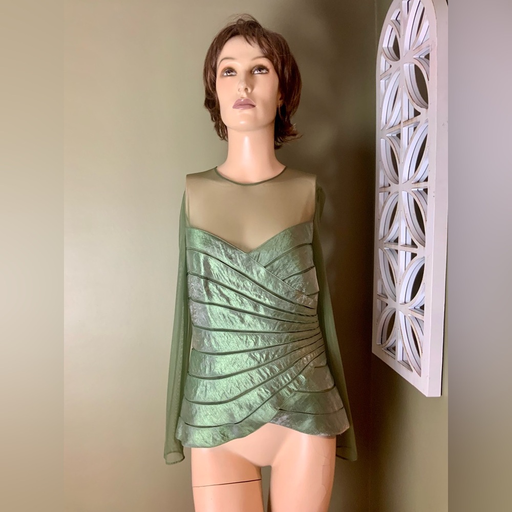Adrianna Papell Green Sheer-Overlay Tiered Cocktail Mermaid Dress Set NWOT - Picture 9 of 11